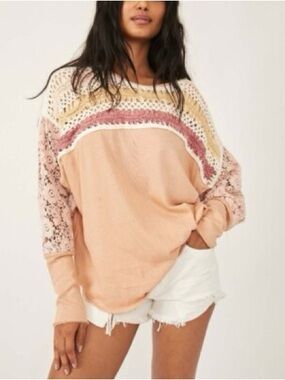 Free people high hopes long sleeve crochet top in spring pink size XS